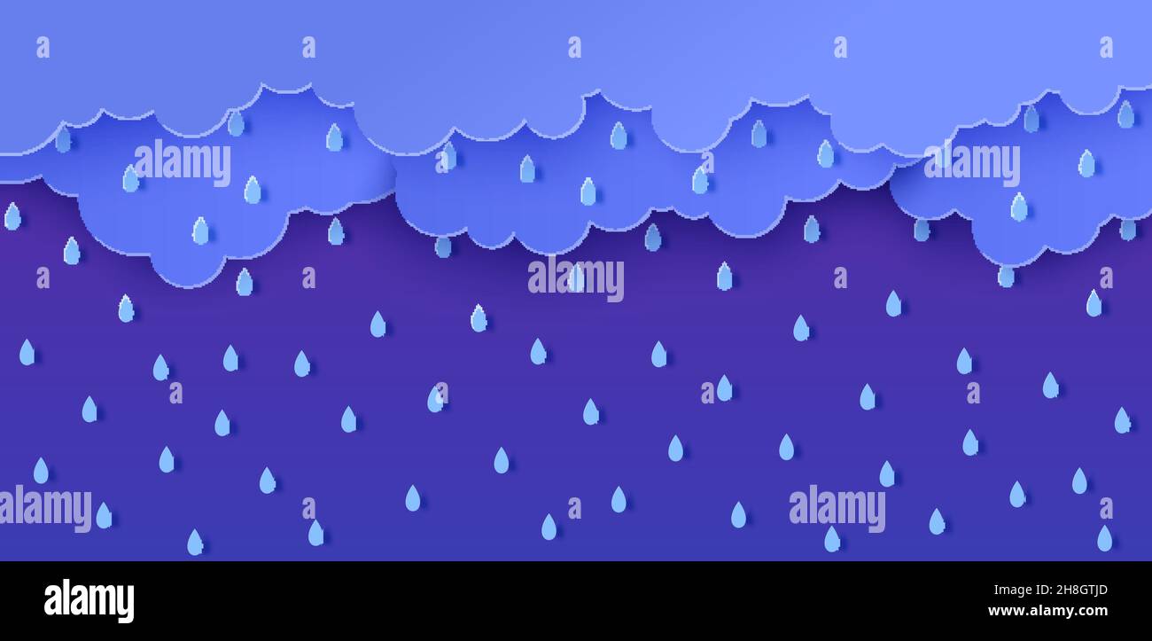 Pioggia e nuvole in stile taglio di carta. Vettore tempesta concetto di tempo con gocce d'acqua in caduta dal cielo nuvoloso. Modello di sfondo Storm papercut per Illustrazione Vettoriale