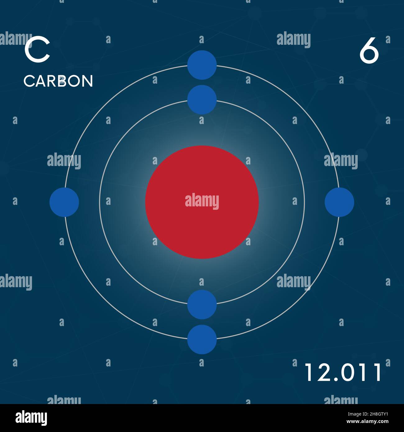 Molecola di carbonio semplice illustrazione piatta. Segno con numero atomico e peso atomico. Elemento chimico della tabella periodica. Scienza, ricerca Illustrazione Vettoriale