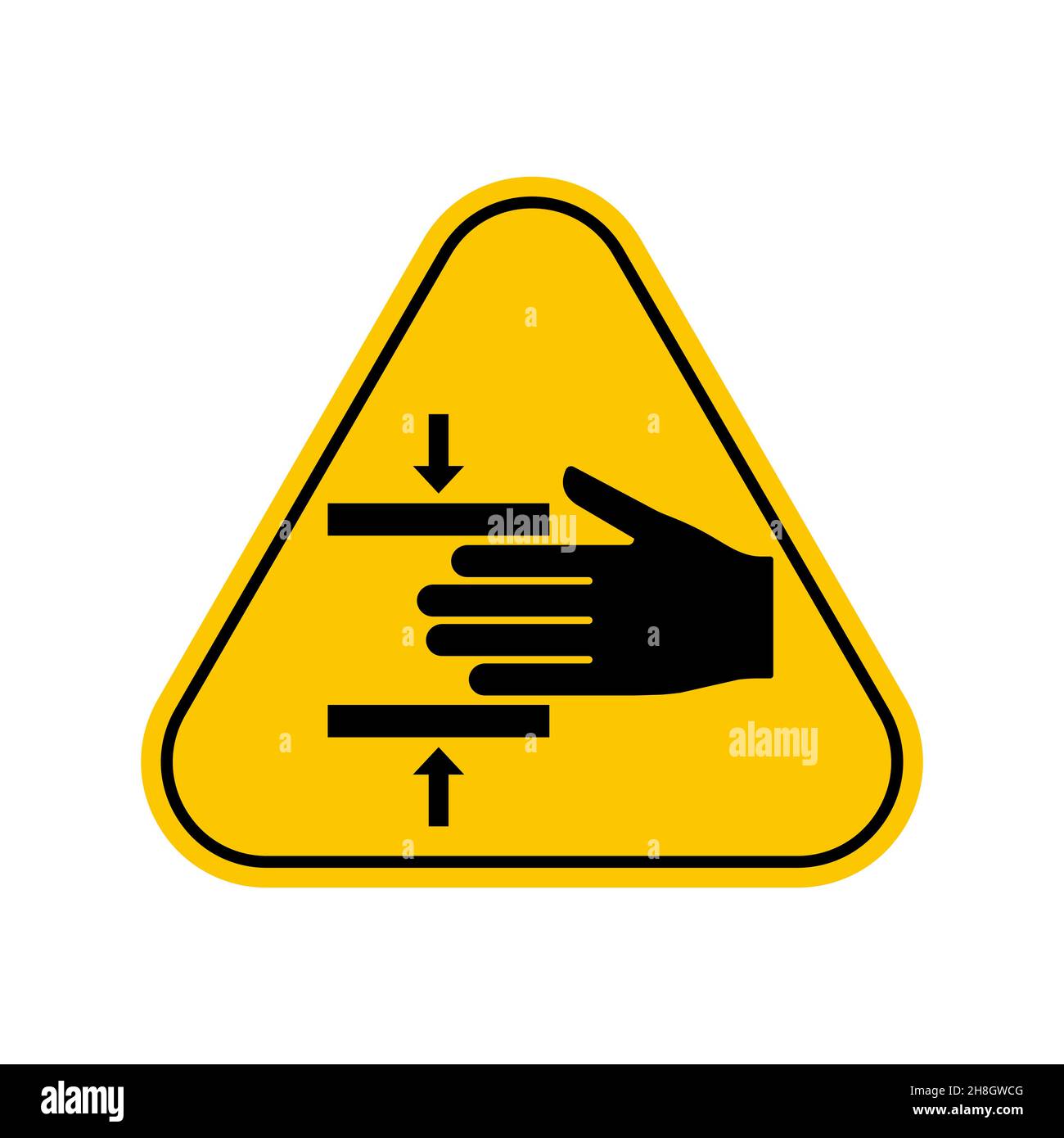 Simbolo di pericolo di schiacciamento. Forza di schiacciamento della mano da sopra simbolo segno, simbolo di attenzione triangolo giallo, isolato su sfondo bianco, icona vettoriale Illustrazione Vettoriale