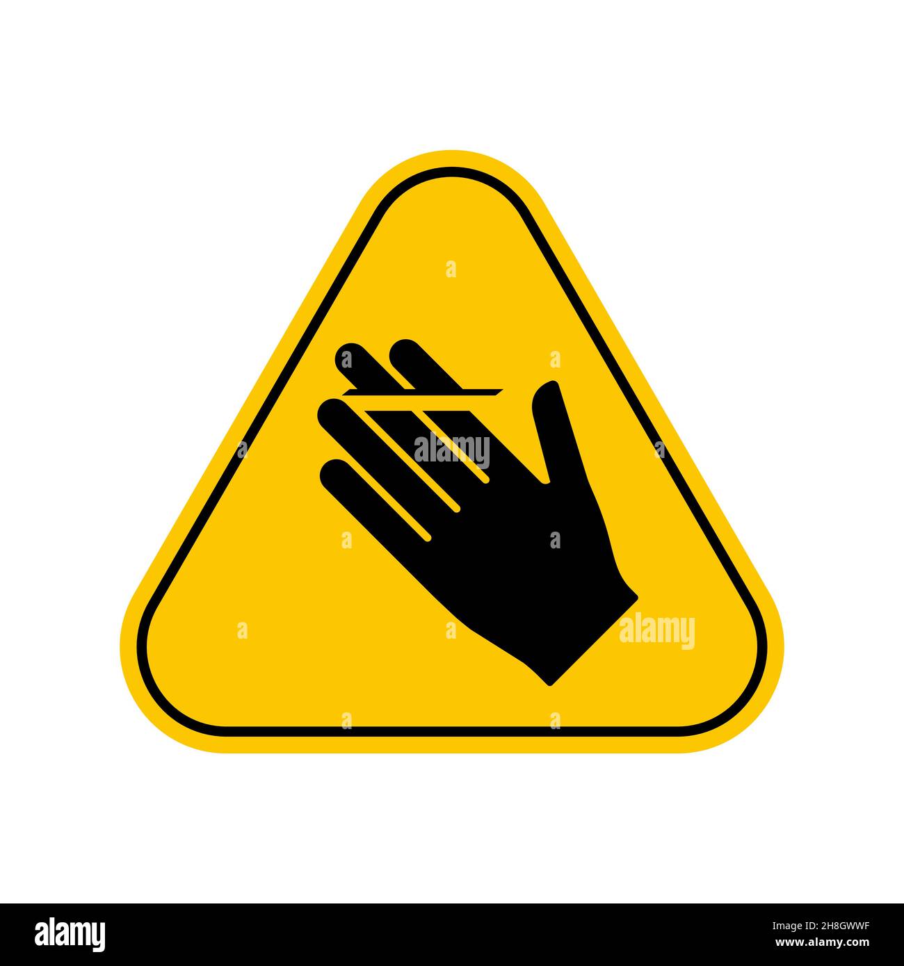 Simbolo del rischio di taglio. Taglio delle dita o cartello con la mano. Simbolo di avvertimento triangolo ISO semplice, simbolo di attenzione triangolo giallo, isolato su sfondo bianco Illustrazione Vettoriale