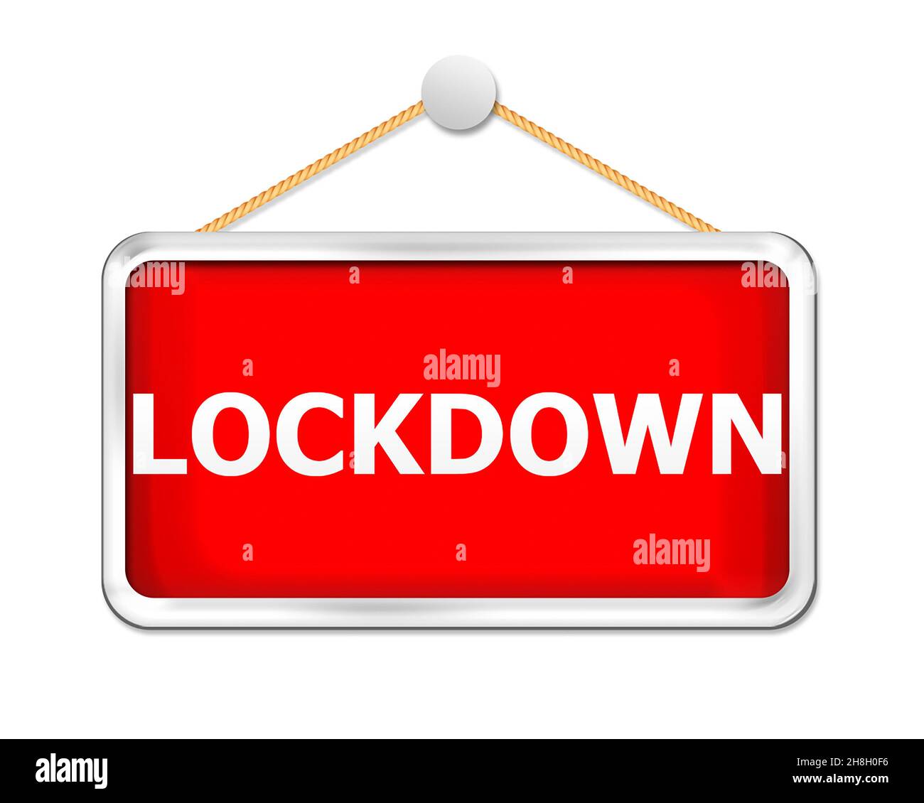 Rosso Covid Lockdown Sign grafico, boader bianco, con appendiabiti Foto Stock