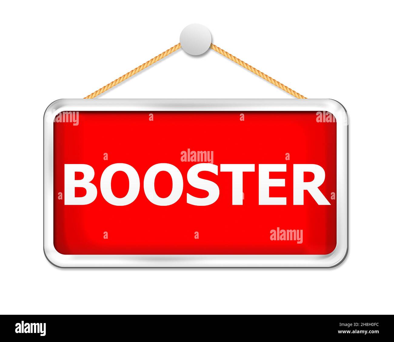 Red Covid Booster Sign grafico, boader bianco, con appendiabiti Foto Stock