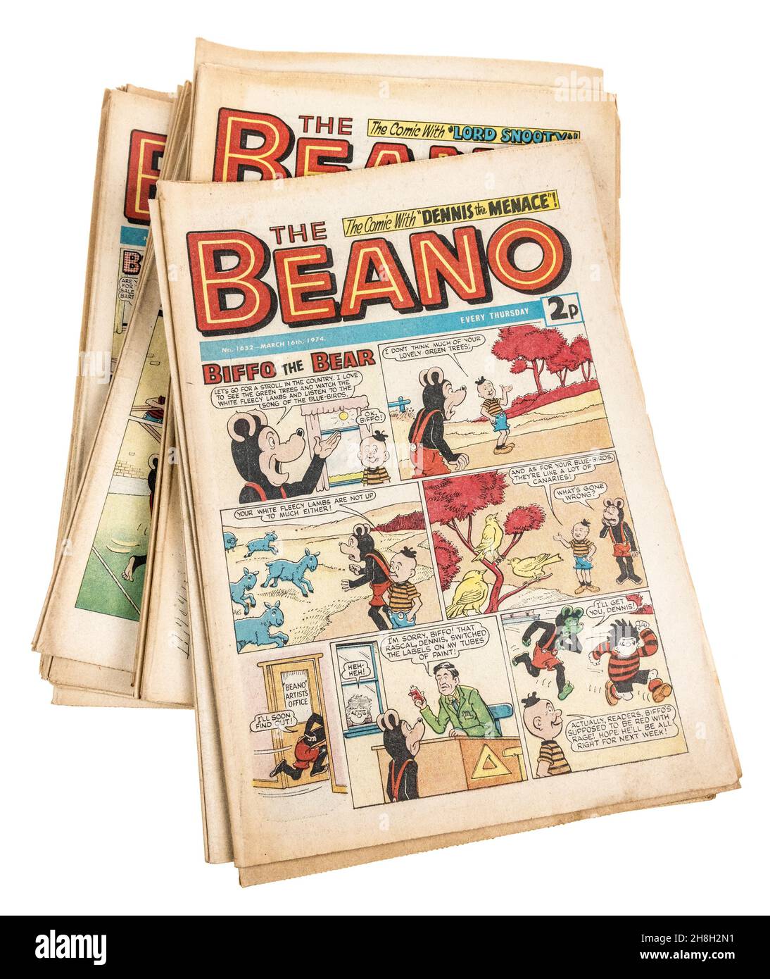 Biffo l'Orso con Dennis la Menace sulla copertina di un'edizione del Beano del 16 marzo 1974, come parte di un set da collezione Foto Stock