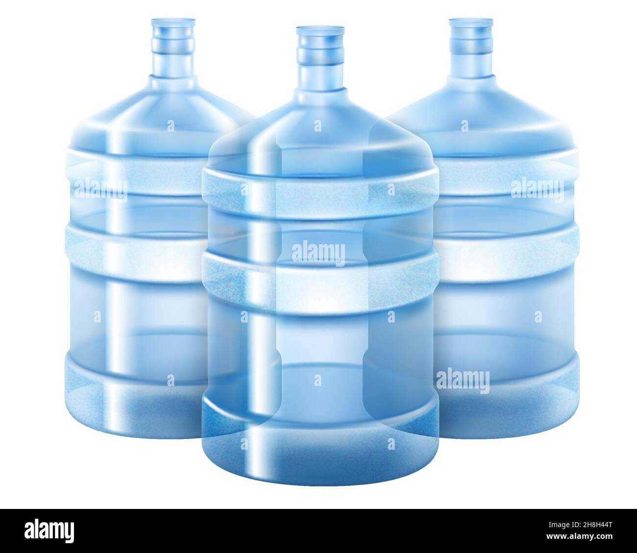 Tre grandi bottiglie con acqua potabile blu , isolate su sfondo bianco, realistiche illustrazioni vettoriali 3D Illustrazione Vettoriale