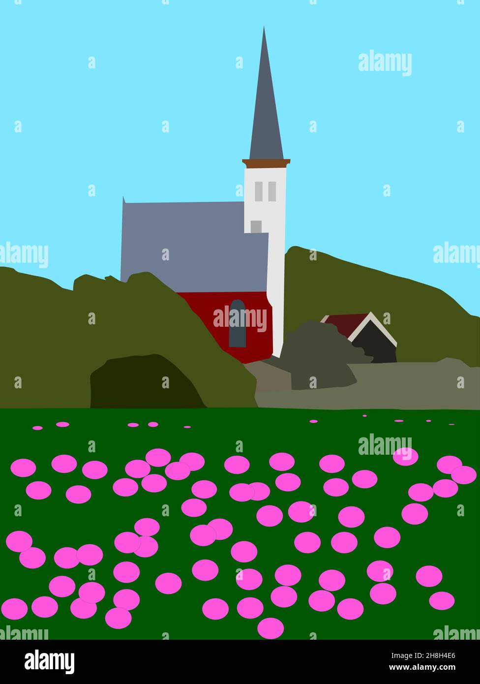 Chiesa di Den Hoorn, Texel, Paesi Bassi. Con papaveri rosa nel prato e sullo sfondo la città di Den Hoorn, con la torre della chiesa Illustrazione Vettoriale