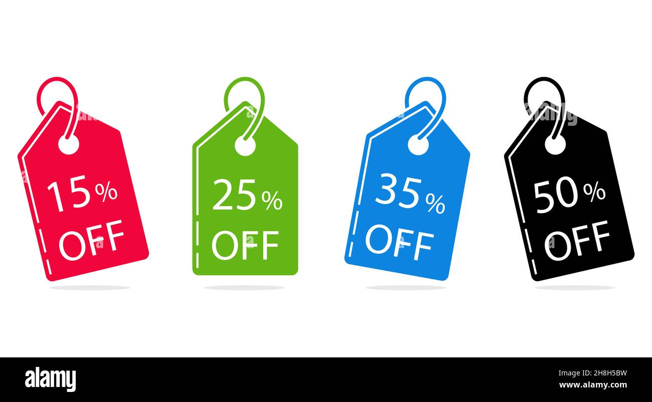 Set di etichette di vendita 15, 25, 35, 50% di sconto, prezzo tag. Design piatto. Vettore. Illustrazione Vettoriale