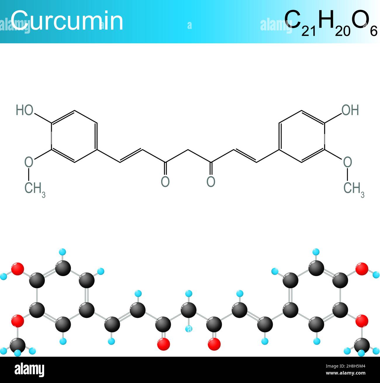 Formula molecolare della curcumina. Formula chimica strutturale e modello di una sostanza chimica prodotta da piante della specie Curcuma longa. Illustrazione vettoriale Illustrazione Vettoriale