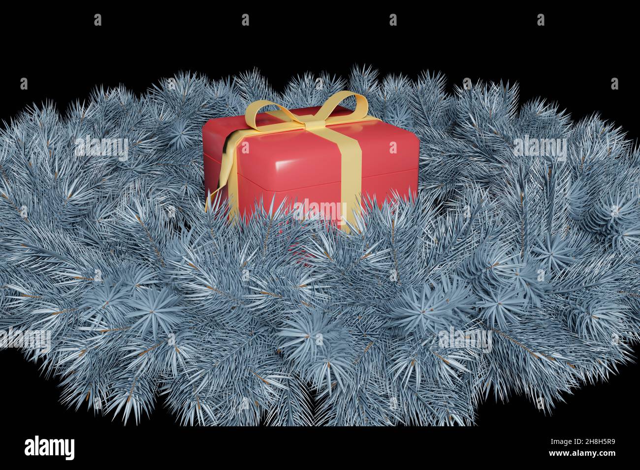 Composizione di Natale. Confezione regalo all'interno di una corona di rami di abete rosso su sfondo nero. Rendering 3D. Scatola regalo rosa legata con nastro dorato. Foto Stock