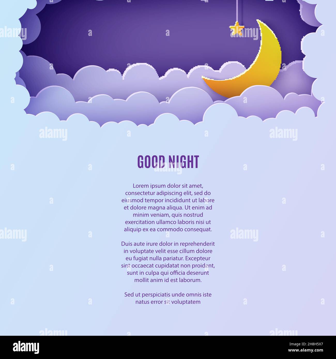Notte cielo nuvole cornice rettangolare con stella su corda e luna in carta taglio stile. Ritagliare lo sfondo 3d con paesaggio crescent e nuvoloso papercut Illustrazione Vettoriale