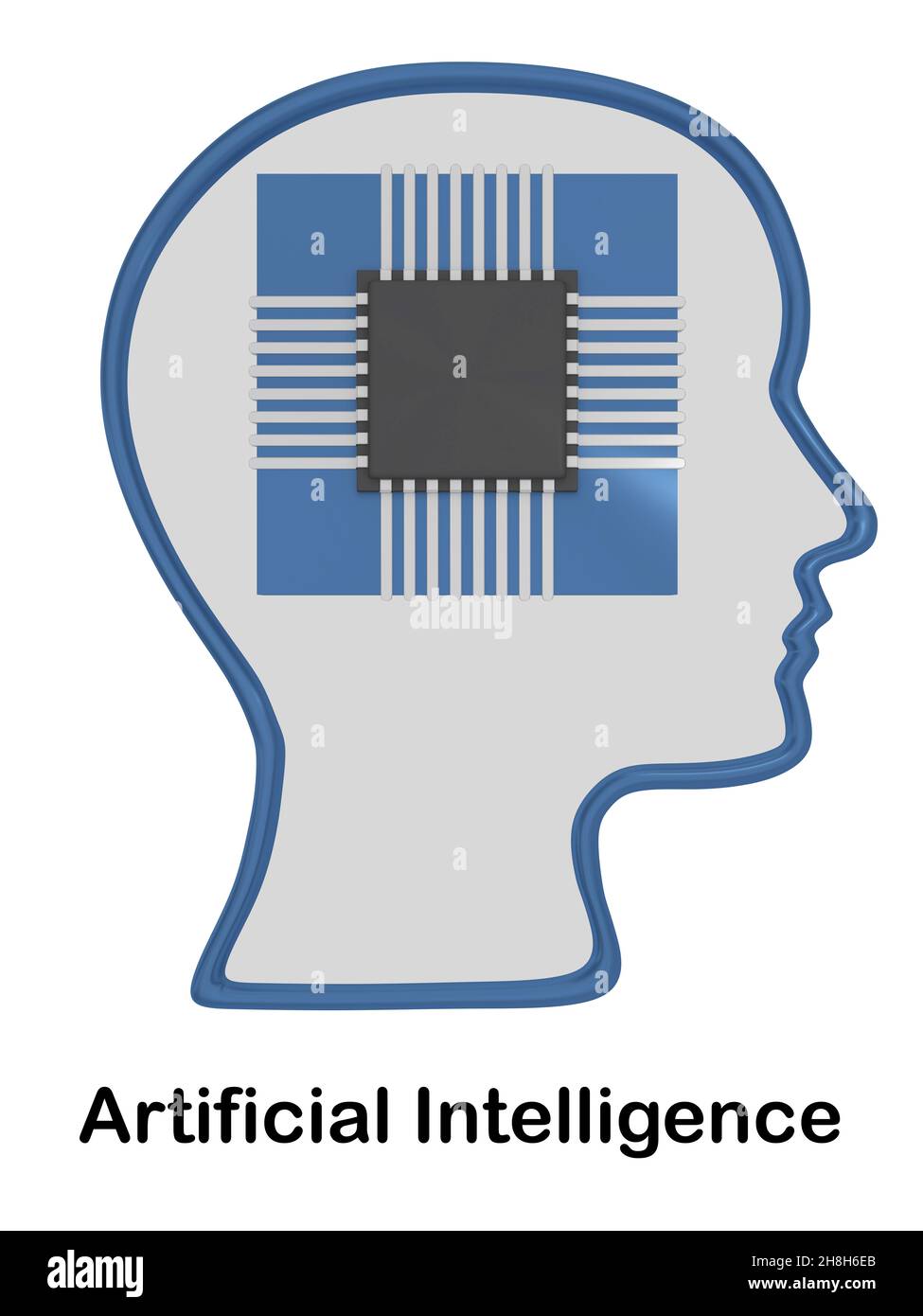 Illustrazione 3D della sagoma della testa contenente un microchip, con il testo intelligenza artificiale. Foto Stock