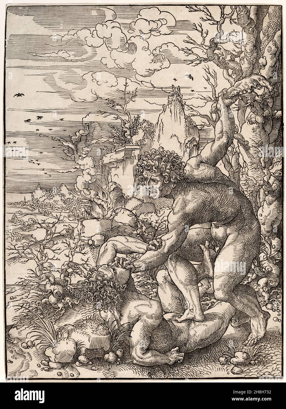 Caino uccidendo Abele, stampa in legno di Jan Gossaert, prima del 1532 Foto Stock