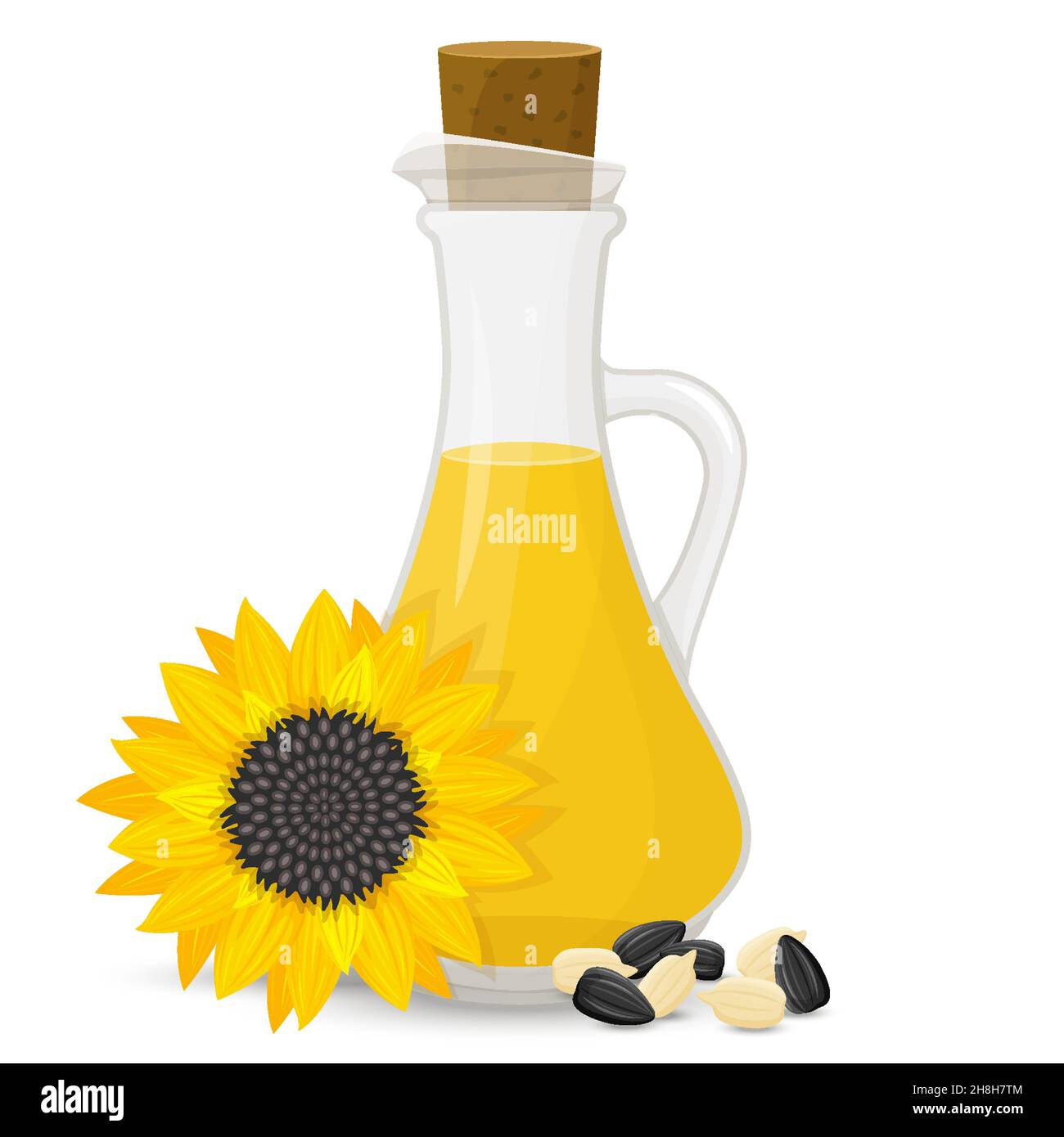 Olio di semi di girasole in bottiglia di vetro, isolato su bianco. Illustrazione vettoriale. Fiore giallo in stile cartoon flat. Illustrazione Vettoriale