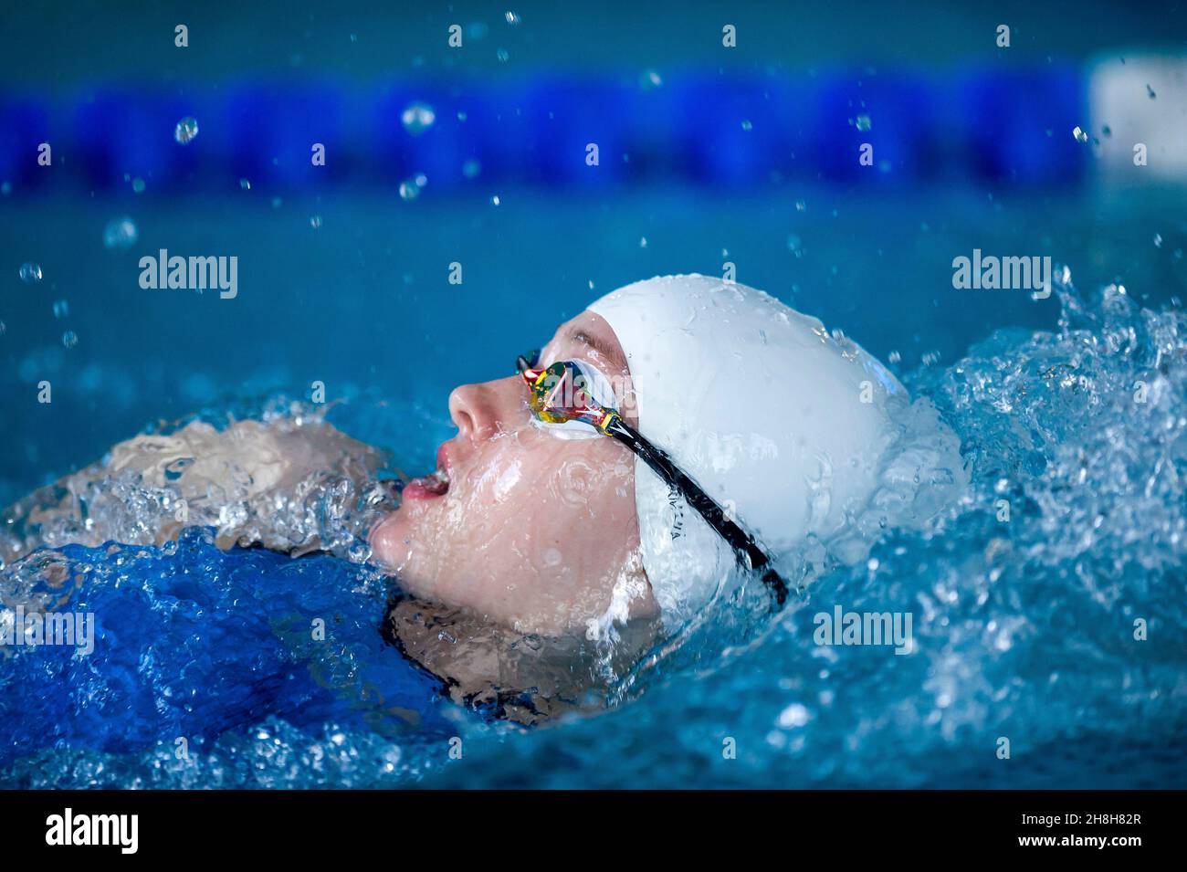 nuotatore a dorso nella piscina Foto Stock