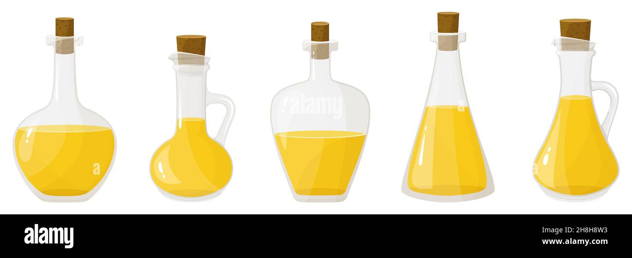 Set di olio in bottiglie di vetro isolate su bianco. Illustrazione vettoriale in stile piatto. Olio biologico vergine sano prodotto. Olio di semi. Illustrazione Vettoriale