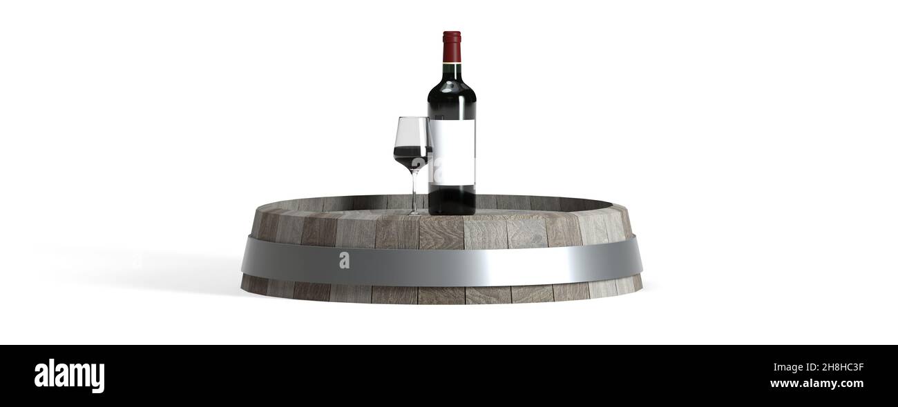 Bicchiere e bottiglia di vino adagiati su un barile su sfondo bianco - 3D rendering Foto Stock