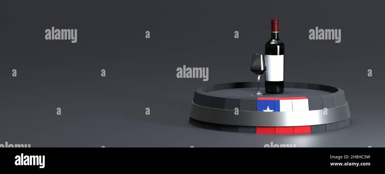 Bicchiere e bottiglia di vino adagiati su un barile su sfondo grigio - 3D rendering Foto Stock