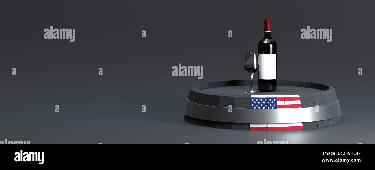 Bicchiere e bottiglia di vino adagiati su un barile su sfondo grigio - 3D rendering Foto Stock