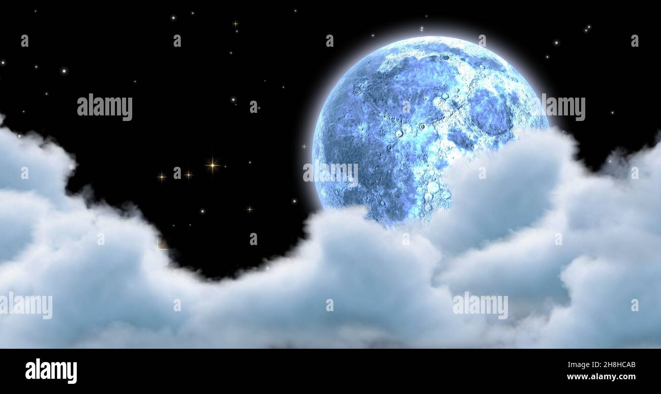 Composito digitale di luna in nuvole e campo stellare di notte con spazio di copia Foto Stock