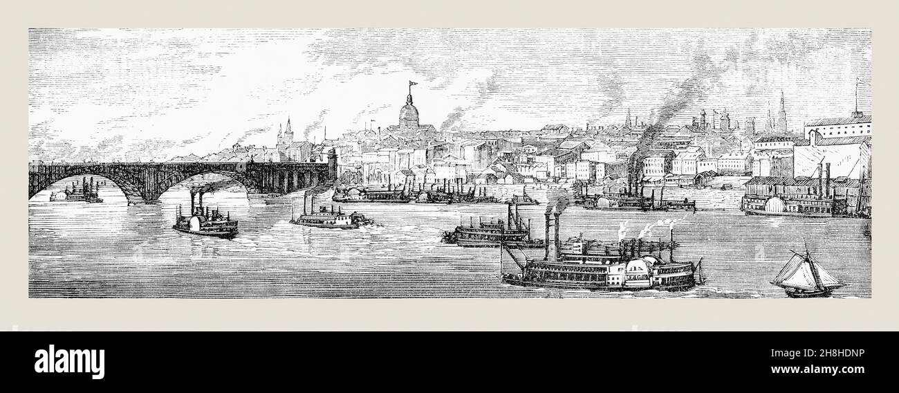 Vista di St. Louis con il ponte più basso sul Mississippi, Stati Uniti d'America. Dai nuovi lettori geografici di Longman, pubblicato nel 1892. Foto Stock
