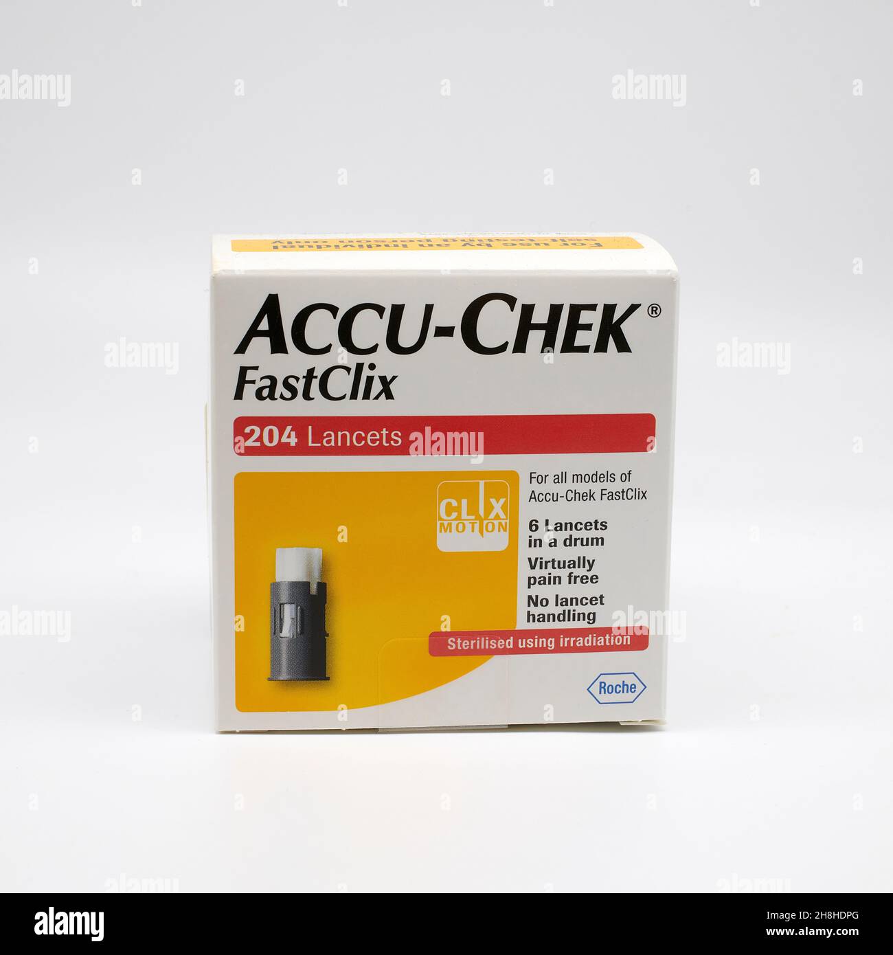 Lancette di goucoso di sangue accu-Chek per puntura delle dita per ottenere un campione di sangue. Foto Stock