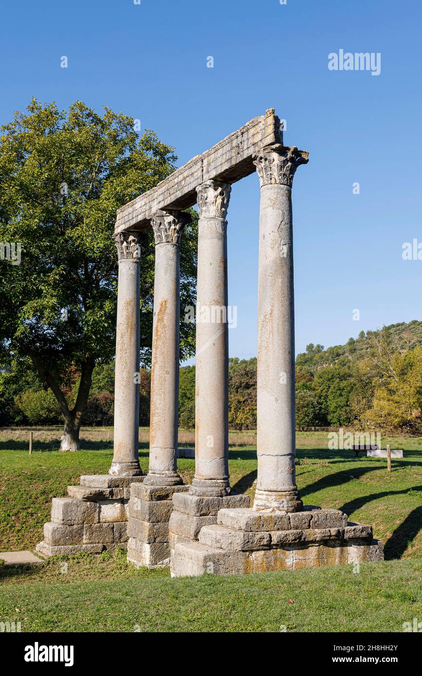 Francia, Alpi dell'alta Provenza, Riez, rovine di colonne di templi romani Foto Stock