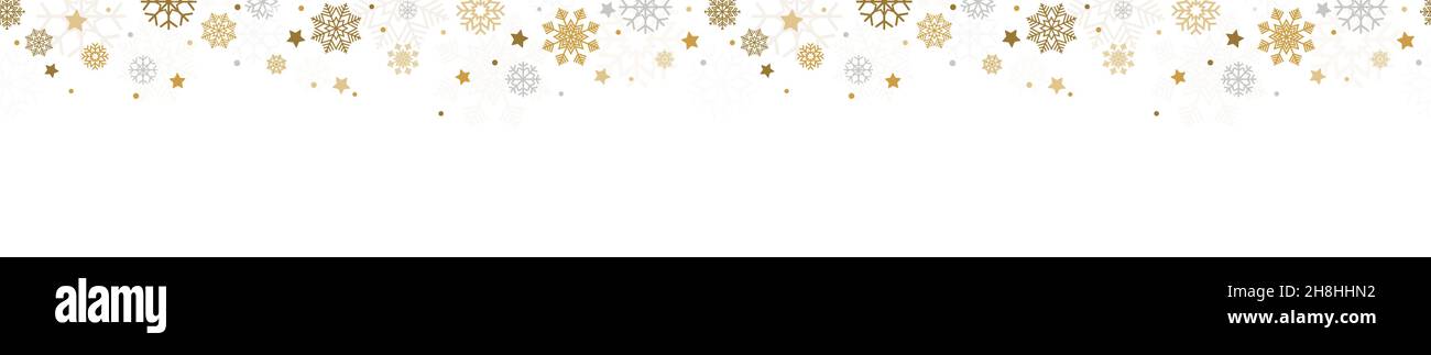 EPS 10 illustrazione vettoriale che mostra natale e l'avvento tempo cadere neve stelle sfondo senza cuciture header colorato oro e bianco Illustrazione Vettoriale