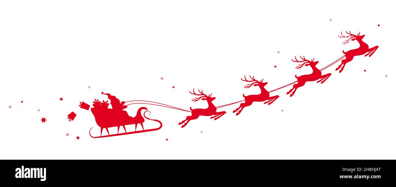 illustrazione vettoriale eps con silhouette di Babbo Natale colorato con slitta e renna e alcuni regali volare nel cielo isolato su sfondo bianco Illustrazione Vettoriale