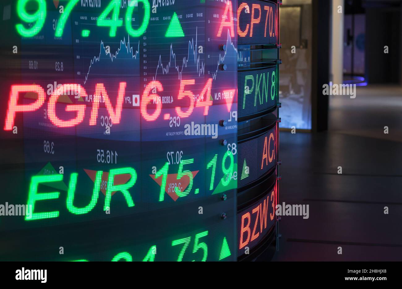 Warszawa, Polonia - Giugno 05.2021: NBP Money Center, museum.dati finanziari sul monitor, cartellone a candelabro della Borsa, grafico del mercato della torta sullo schermo Foto Stock