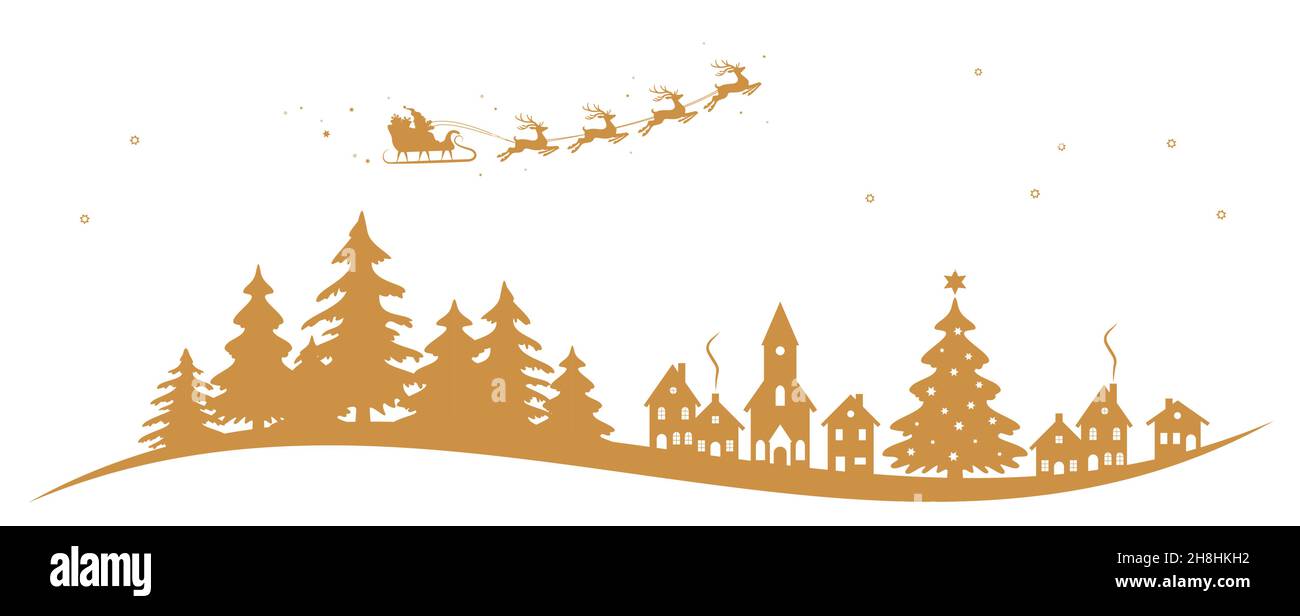 illustrazione vettoriale eps con silhouette di Babbo Natale con slitta e renna sopra una chiesa, villaggio e alberi isolati su sfondo bianco per chri Illustrazione Vettoriale