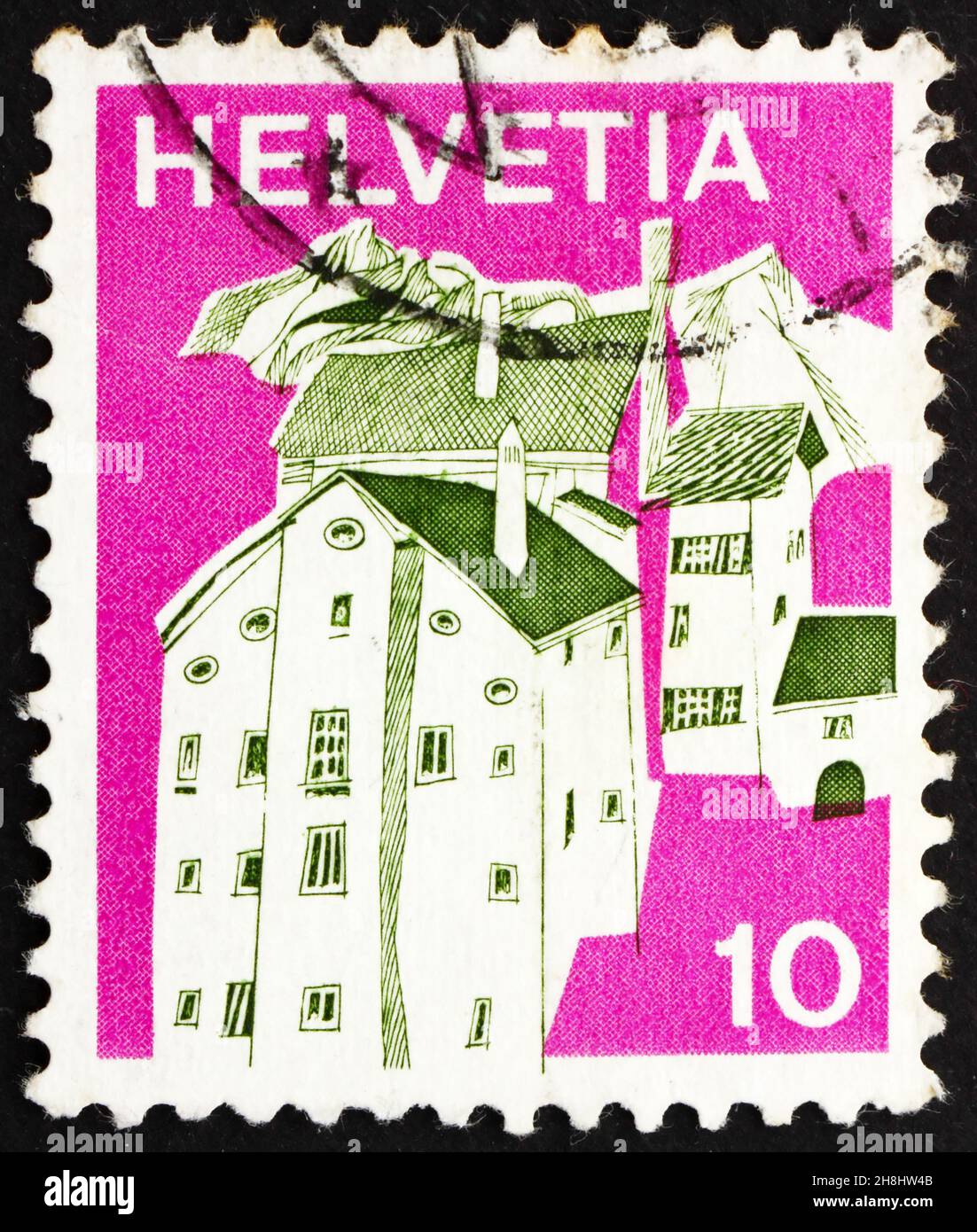 SVIZZERA - CIRCA 1973: Un francobollo stampato in Svizzera mostra Village a Graubunden, Svizzera, circa 1973 Foto Stock