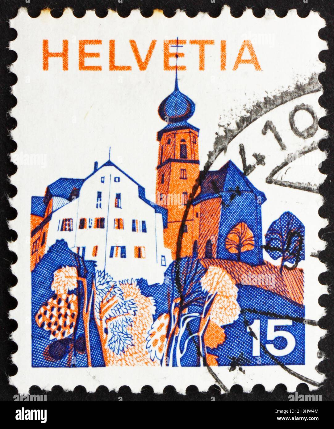 SVIZZERA - CIRCA 1973: Un francobollo stampato in Svizzera mostra Village in Central Switzerland, circa 1973 Foto Stock