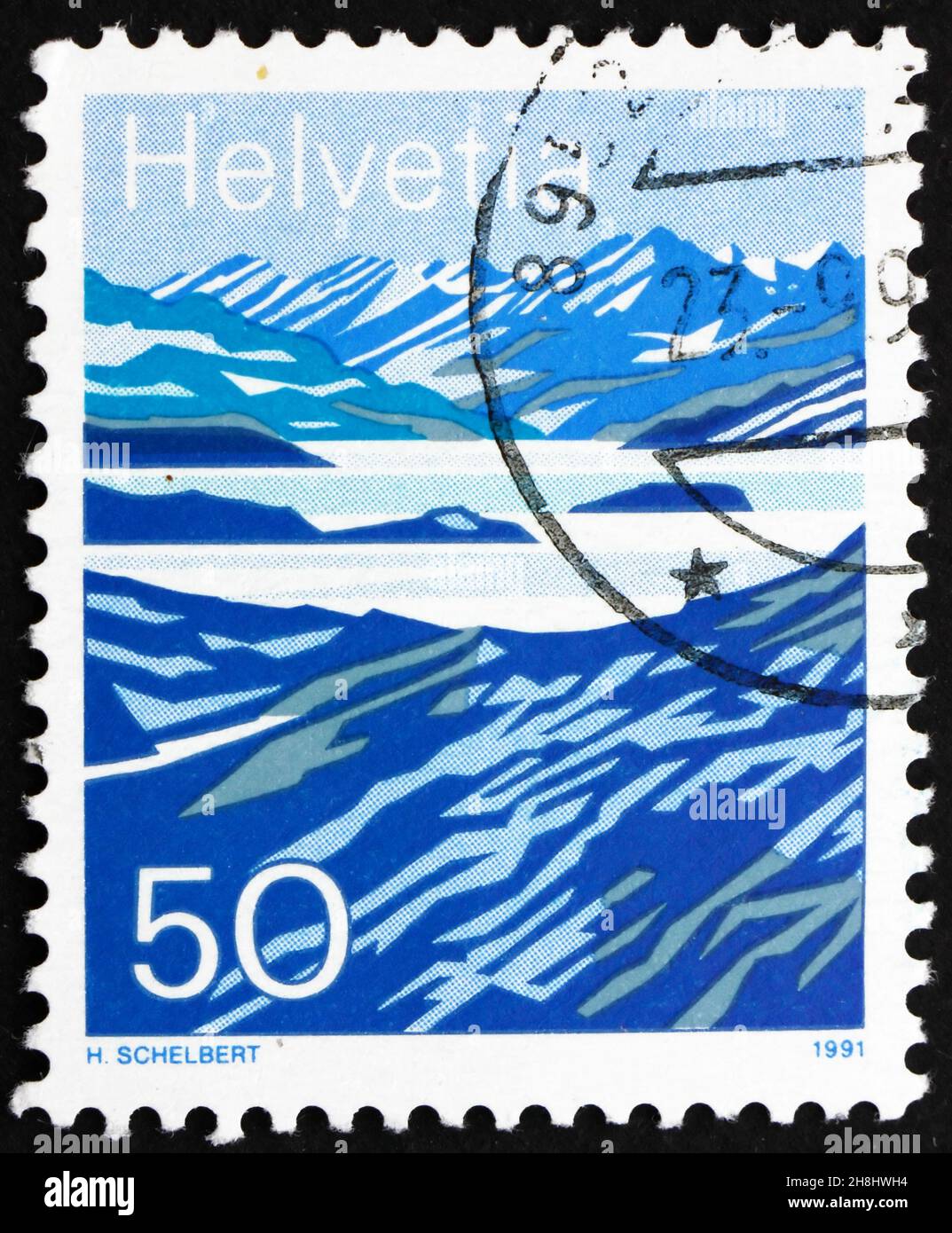 SVIZZERA - CIRCA 1991: Un francobollo stampato in Svizzera mostra i laghi di montagna, Svizzera, circa 1991 Foto Stock