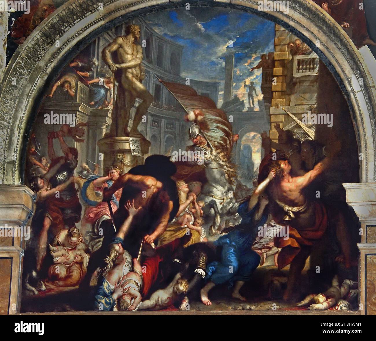 Strage degli innocenti - Massacro degli Innocenti di Giovan Battista Merano 1632–1698 Chiesa del Gesù e dei Santi Ambrogio e Andrea - Chiesa di Gesù e dei Santi Ambrogio e Andrea Genova Italia ( è governata dai gesuiti fin dal XVI secolo, con interni molto ricchi, Contiene opere di Peter Paul Rubens, Guido reni e degli artisti barocchi genovesi). Foto Stock