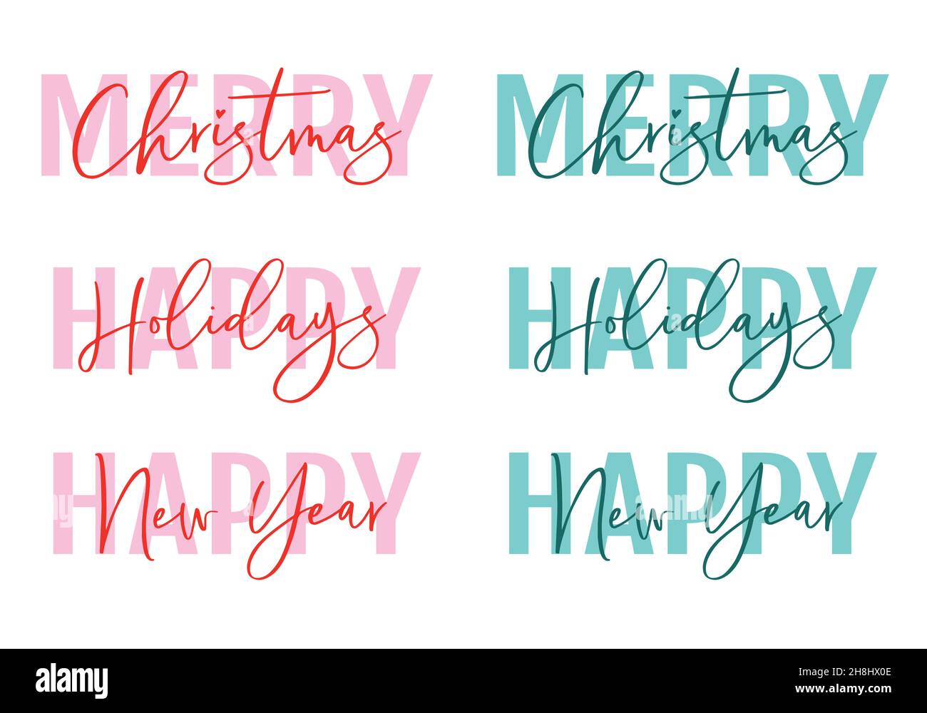 Biglietto di Natale manoscritto, buone feste, felice anno nuovo, testo design, sfondo bianco, insieme di elementi grafici vettoriali Illustrazione Vettoriale