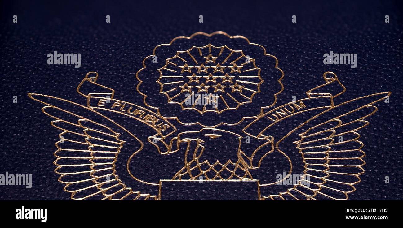 Grande sigillo degli Stati Uniti sul passaporto statunitense Foto Stock