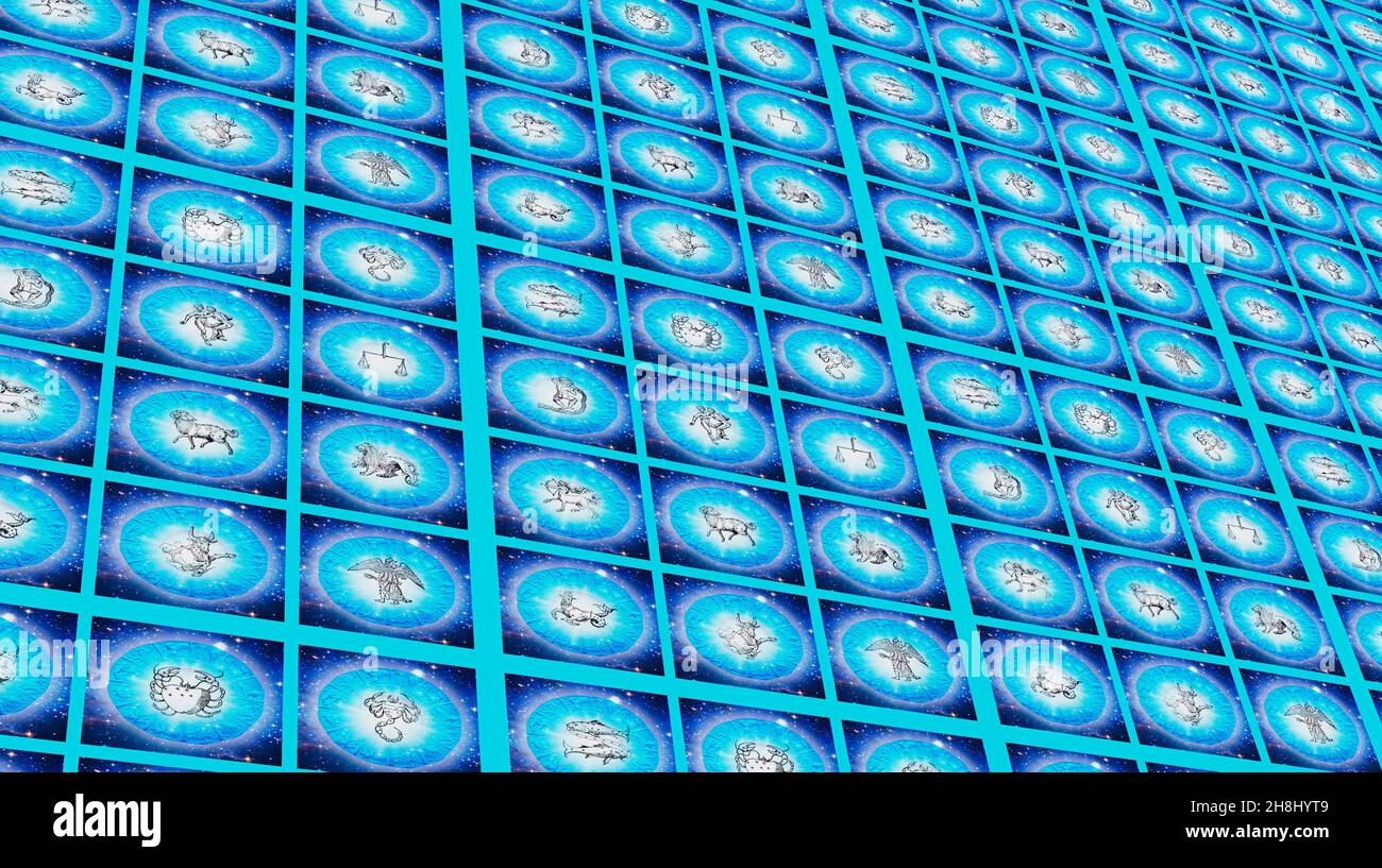 sfondo astrologico segni zodiacali di colore blu come astrologia e concetto esoterico Foto Stock