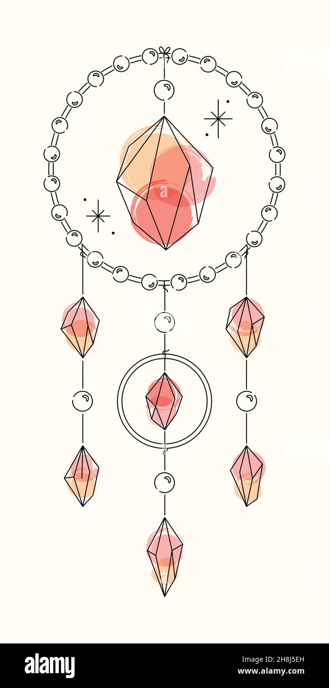 Vettore luminoso linearit schizzo rosa cristallo di corallo dreamcatcher. Pixiecore e fairycore Illustrazione Vettoriale