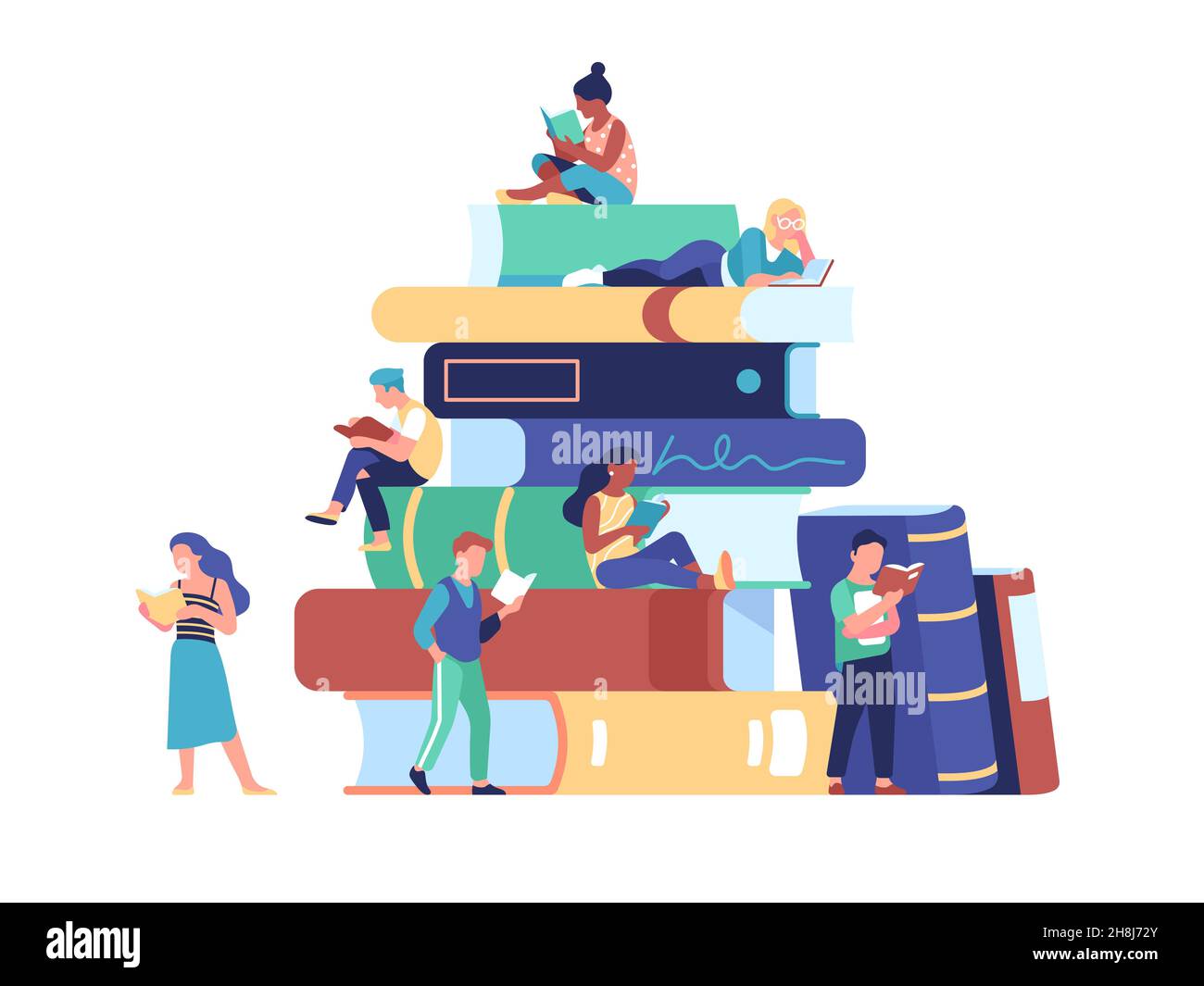 La gente piccola legge i libri. Grande pila di letteratura e piccoli lettori intorno, biblioteca del campus, studenti che si preparano per gli esami, concetto vettoriale Illustrazione Vettoriale