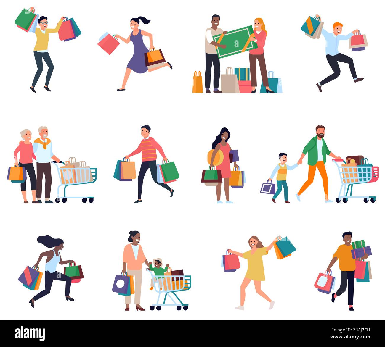 Supermercato persone. Shopping processo uomini e donne, personaggi varietà con borse e carrelli, stagione di sconti e vendite. Set vettoriale Illustrazione Vettoriale