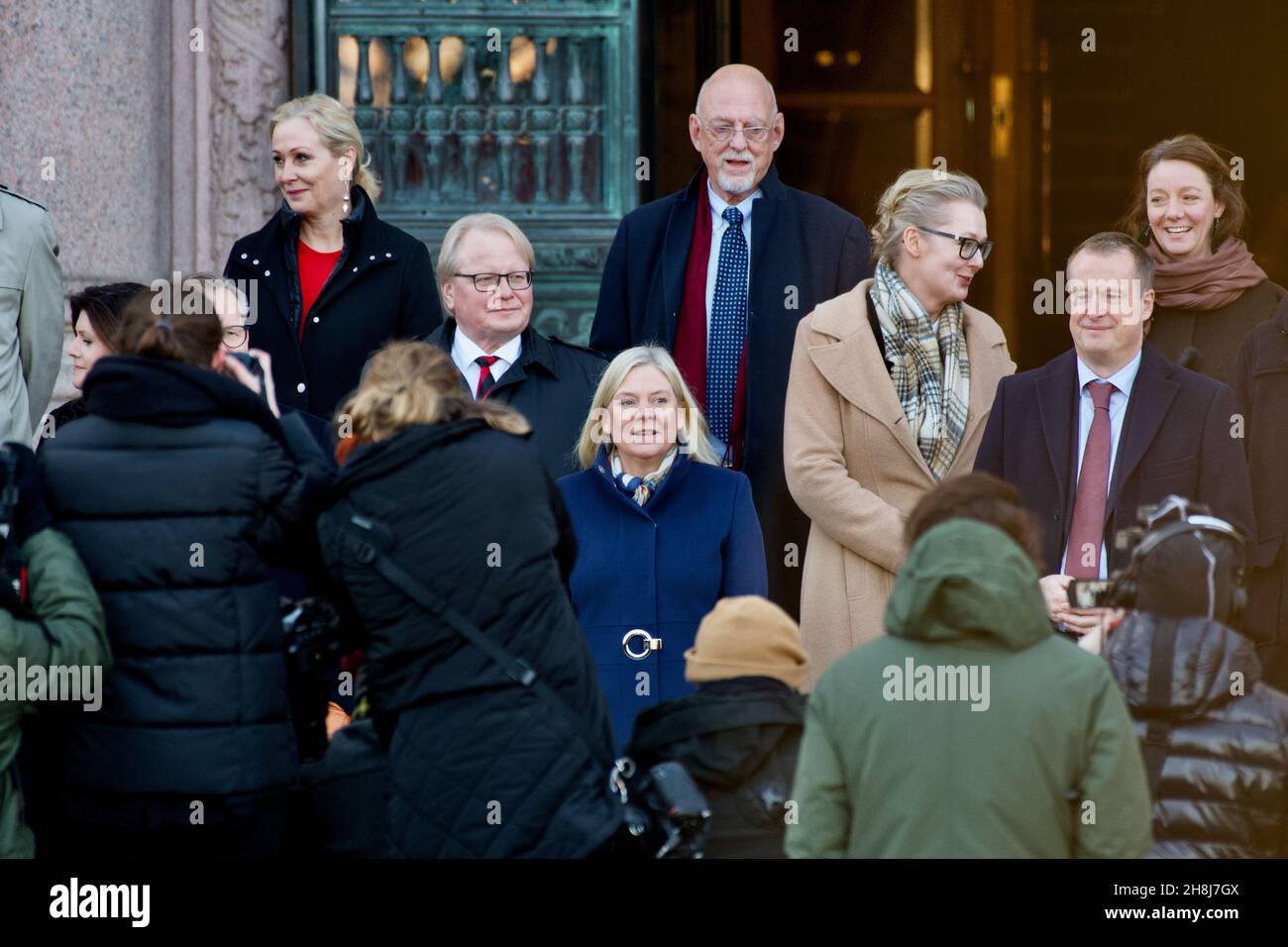 STOCCOLMA, SVEZIA - 30 NOVEMBRE 2021: Il primo Ministro Magdalena Andersson presenta il nuovo governo svedese. Foto Stock