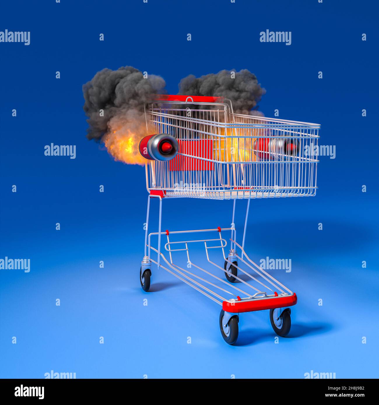 carrello con razzi. concetto di shopping veloce. rendering 3d Foto Stock