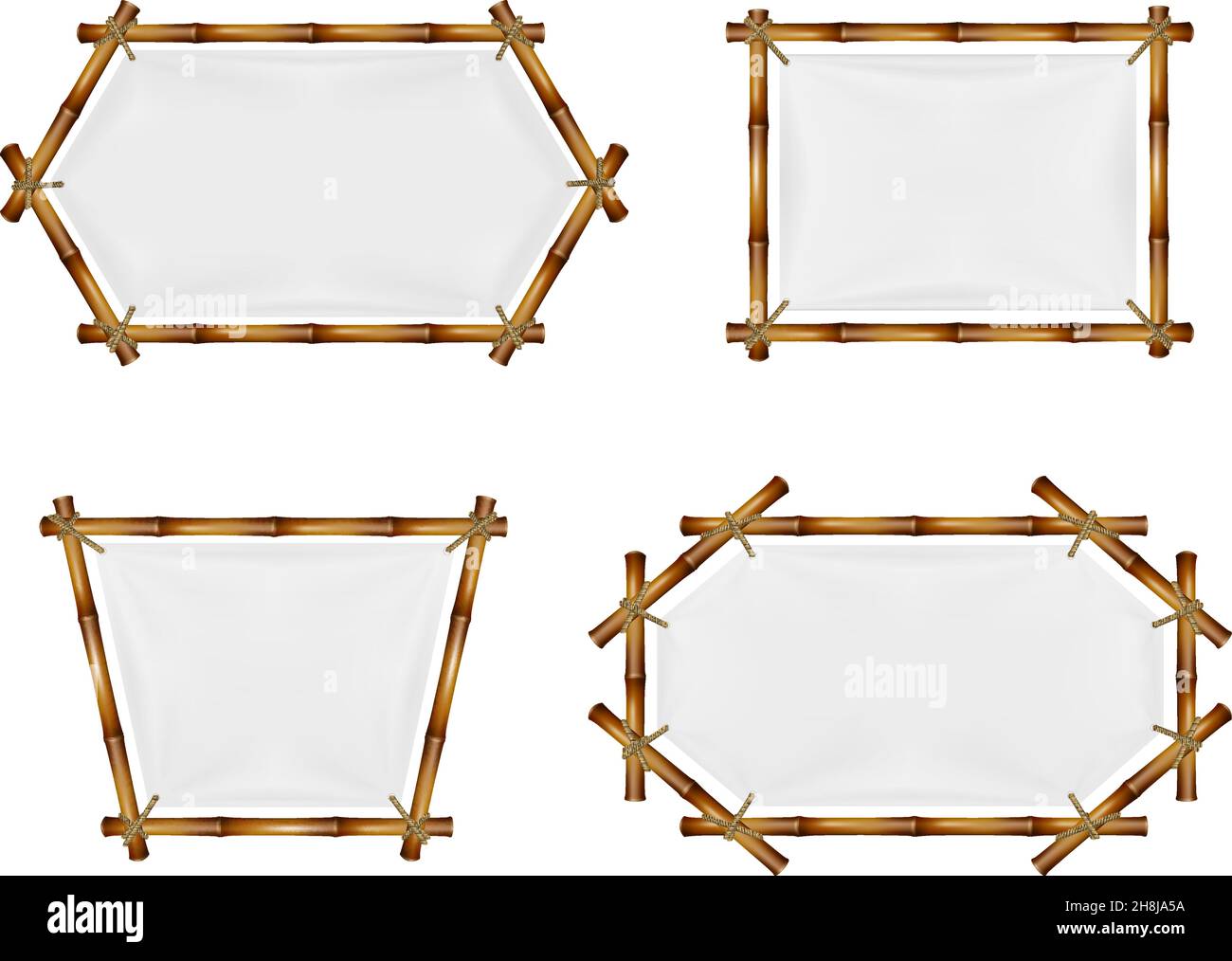 Striscioni di bambù. Diverse forme cornice realistica con tessuto bianco teso, tele pubblicitarie vuote rustiche, steli di canna legati, poster con copia Illustrazione Vettoriale