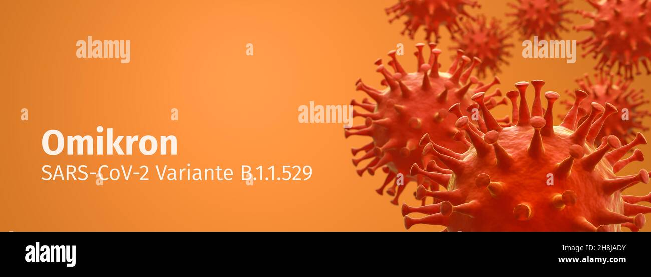 Corona virus - immagine schematica dei virus della famiglia Corona di colore arancione. Testo della sovrapposizione in tedesco "Omikron - SARS-COV-2 variante B.1.1.529". Selez Foto Stock