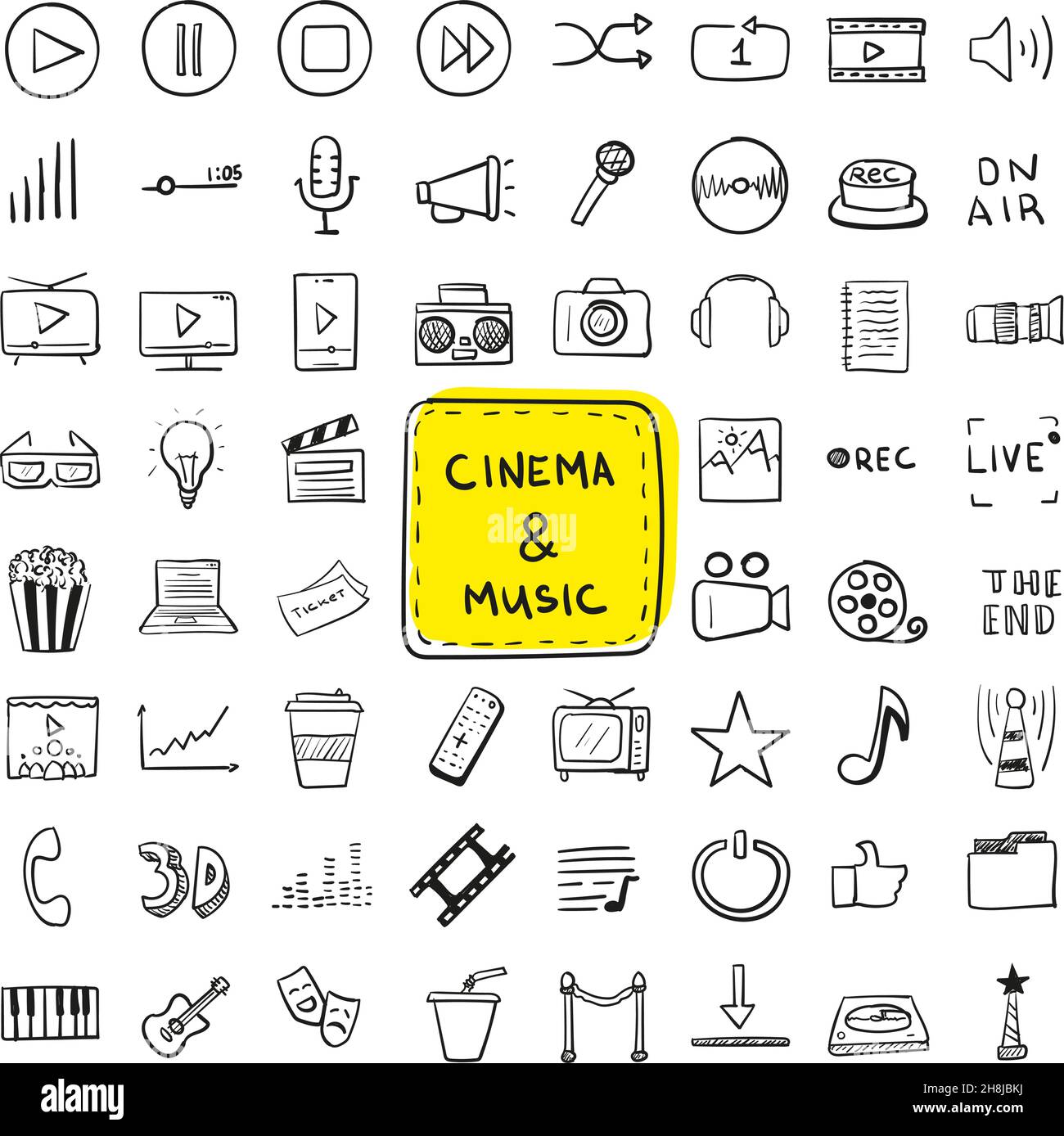 Icona disegnata a mano set cinema e musica in stile doodle isolato Illustrazione Vettoriale