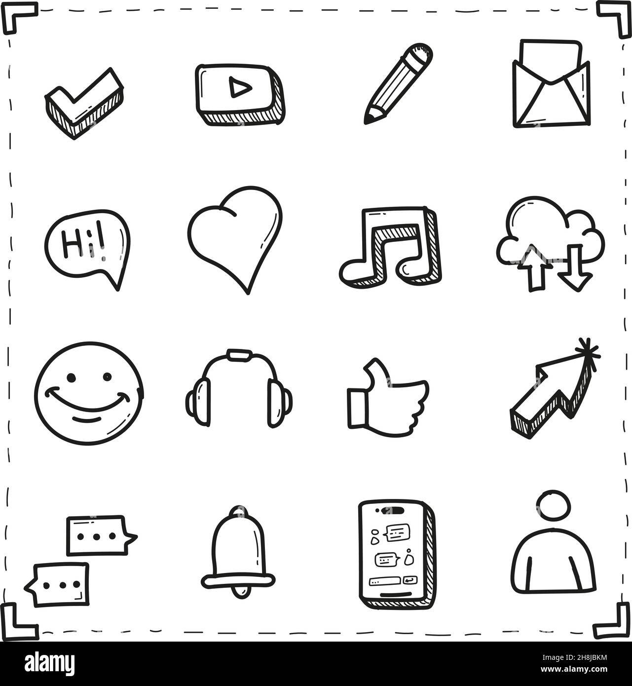 Icona del set di social media disegnata a mano in stile doodle isolato Illustrazione Vettoriale