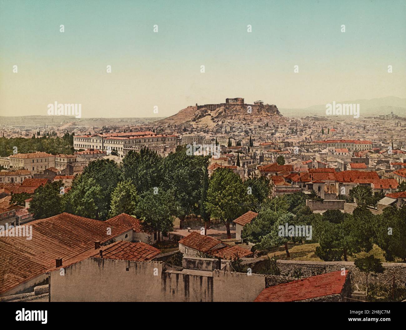 Vista di Atene con l'Acropoli sullo sfondo, Grecia, vintage fotocrom stampa a colori ca. 1890-1910 Foto Stock