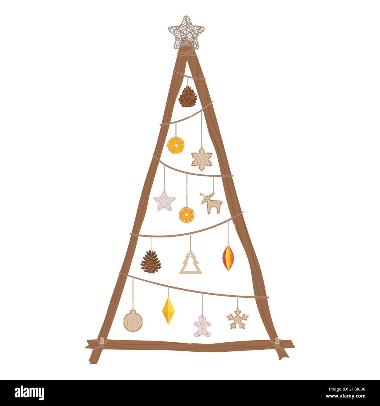 Alternativa eco albero di Natale fatto con rami e legno, carta, tessuti eco giocattoli, pino cono, arancio secco. Vacanze invernali gratuite in plastica. Disegno a mano v Illustrazione Vettoriale