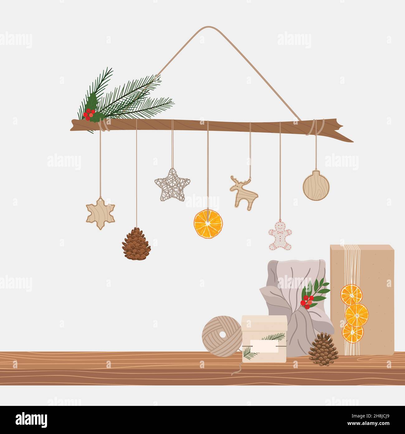 Albero di Natale alternativo fatto con ramo e legno, carta, giocattoli tessili, cono di pino, arancio secco appeso su una corda. Scaffale con regali in kraft Illustrazione Vettoriale