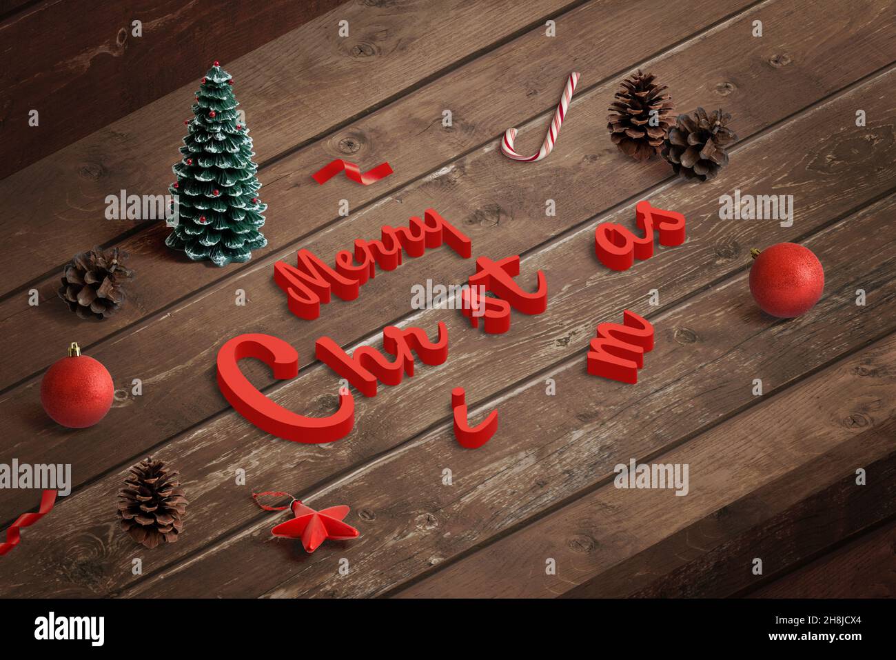 Fare un testo di saluto di Natale che raggruppa le lettere. Composizione isometrica di buon Natale su scrivania in legno Foto Stock