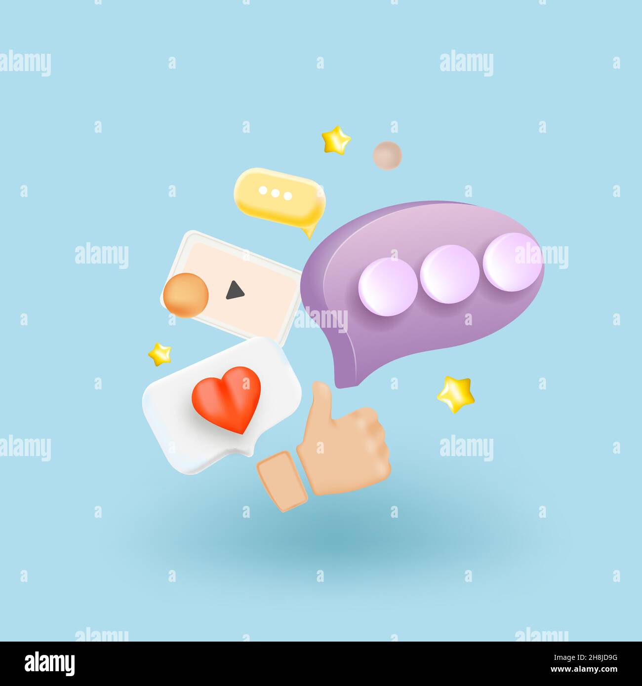 Post di social network vuoto circondato da elementi mobili su sfondo blu. Design moderno e minimalista. illustrazione vettoriale 3d Illustrazione Vettoriale